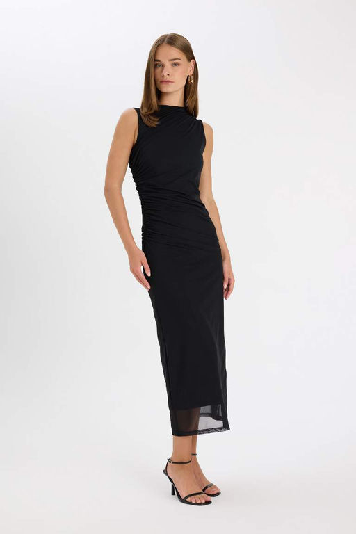 Облегающее платье миди без рукавов из тюля с полуводолазкой и полуводолазкой - Defacto фото 3