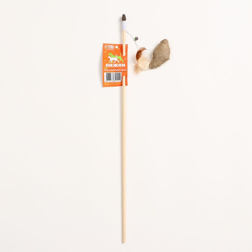 Дразнилка-удочка из эко-материалов Птичка с кошачьей мятой и перьями, деревянная палочка - Пижон фото 4