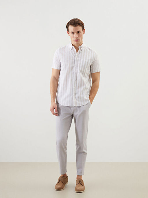 Regular Fit K?sa Kollu ?izgili Keten Kar???ml? Erkek G?mlek