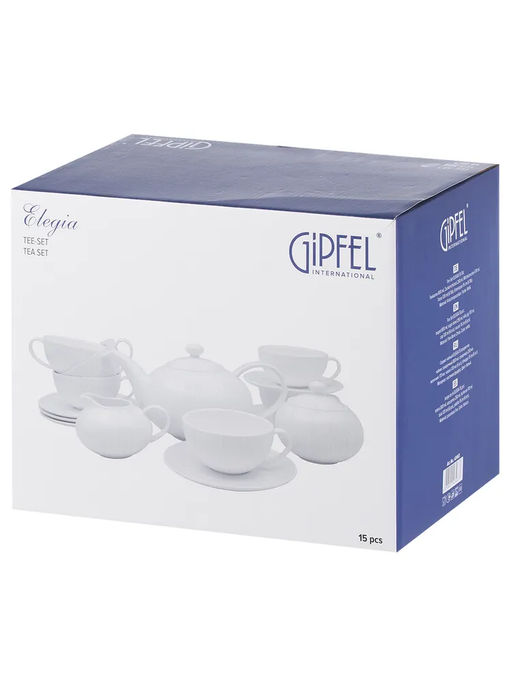 43463 GIPFEL Сервиз чайный ELEGIA 15 предметов: чайник заварочный 800 мл, сахарница 250 мл, молочник 170 мл, чашка 120 мл (6 шт.), блюдце 15 см (6 шт.). Материал: костяной фарфор. Цвет: белый.