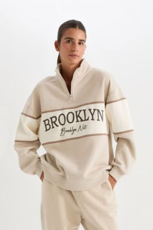 DeFactoFit NBA Brooklyn Nets Oversize Genis Kal?p Dik Yaka Fermuarl? Kal?n Sweatshirt