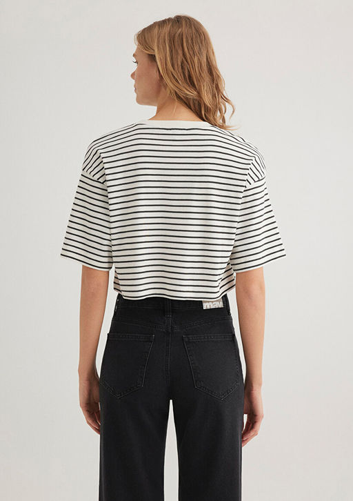 Cizgili Crop Tisort - Mavi фото 4