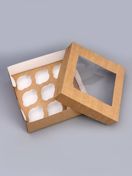 Цена за 5 шт. Коробка для капкейков с окном на 9 шт., крафт, 25×25×10 см