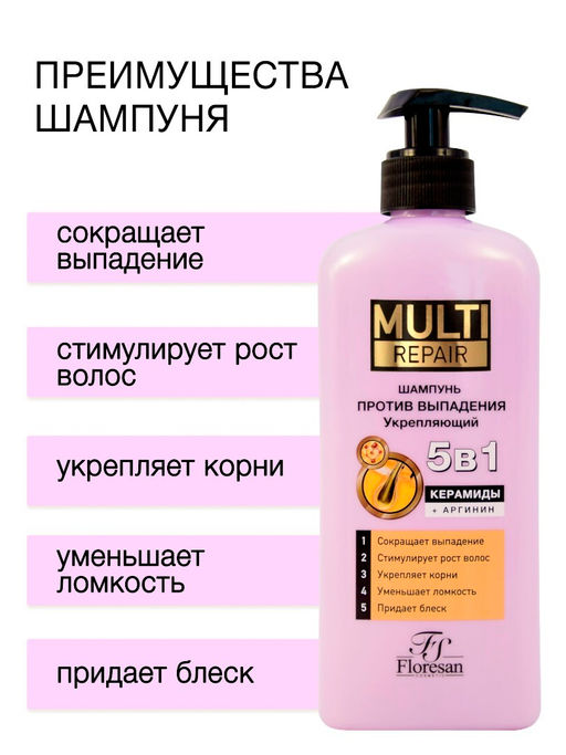 Floresan MULTI REPAIR Шампунь против выпадения волос укрепляющий 5 в 1 с аргинином 400мл