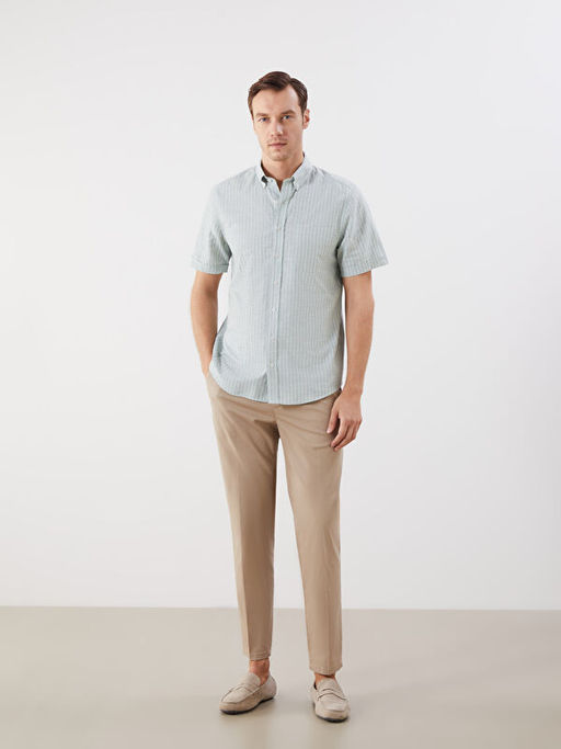 Regular Fit K?sa Kollu ?izgili Keten Kar???ml? Erkek G?mlek