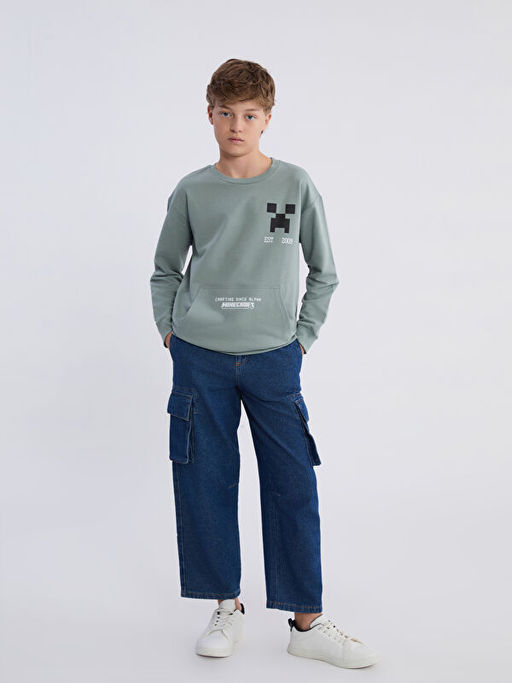 Bisiklet Yaka Minecraft Bask?l? Erkek ?ocuk Sweatshirt