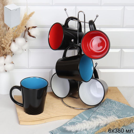 Кружка 6 штук на металлстенде 380 мл Конус Эфиопия / HJ-46 /АКЦИЯ/Белый+Красный+Голубой