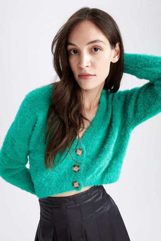 Кардиган стандартного кроя с V-образным вырезом - Defacto фото 3