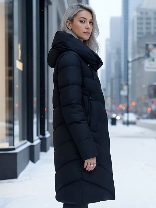 Пальто зимнее утепленное с капюшоном женское черного цвета 1318Ch