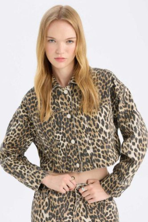 Oversize Leopar Desenli Gabardin Uzun Kollu Ceket Gomlek
