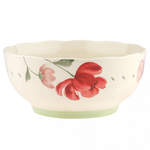 "Бархатный мак" Салатник фарфоровый 1,7л, д20см, h9см, с деколью, волнистый борт, кремовый (Китай)