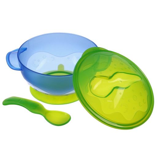 Набор для кормления: миска на присоске с крышкой, ложка, цвет голубой - Крошка я фото 2