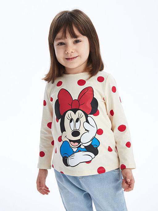 Bisiklet Yaka Uzun Kollu Minnie Mouse Bask?l? K?z Bebek Ti??rt