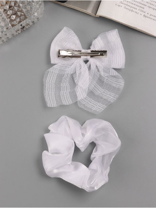 Цена за 6 шт. Набор для волос «Школьница», резинка 10 см, зажим 9 см, полоски объём, белый