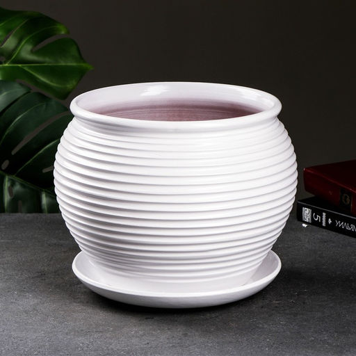 Горшок цветочный с поддоном 6,5 л, белый керамика, "Сатурн" (М)