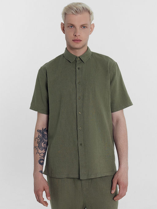 Рубашка мужская оливково-зеленая из хлопка и льна - Mark formelle фото 3