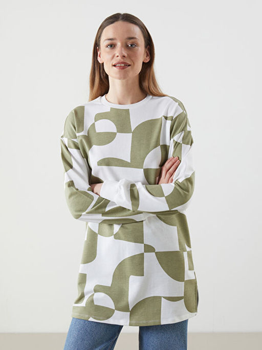 Bisiklet Yaka Desenli Oversize Kad?n Sweatshirt Tunik