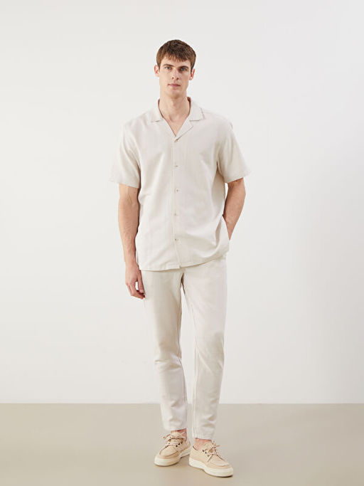 Regular Fit K?sa Kollu Keten G?r?n?ml? Erkek G?mlek