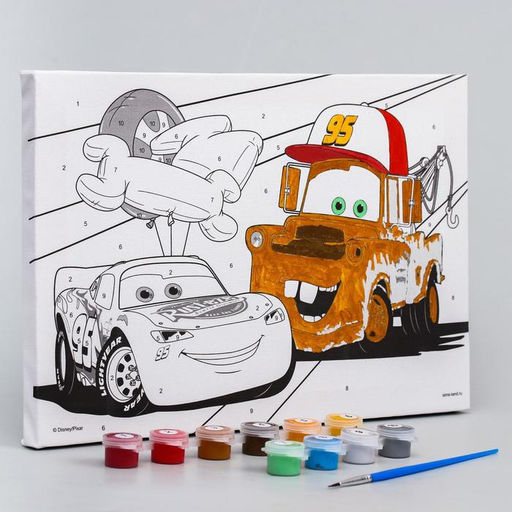 Картина по номерам для детей Молния Маккуин и Мэтр 20?30 см, Тачки