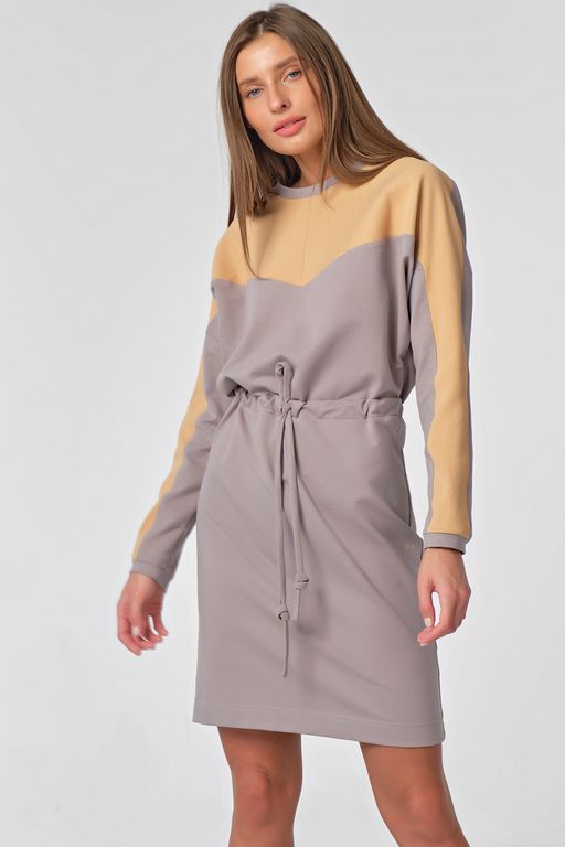 Платье короткое с кулиской на талии из футера пепельное - Fly фото 3