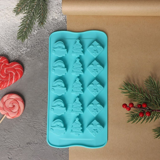 Форма для конфет и шоколада Доляна Новый год, силикон, 21?10.5 см, 15 ячеек, бирюзовая