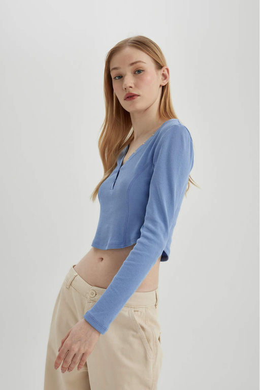 Крутая приталенная футболка в рубчик с длинными рукавами - Defacto фото 4