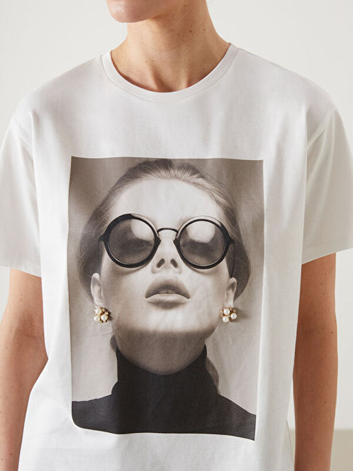 Bisiklet Yaka Bask?l? Kad?n Ti??rt