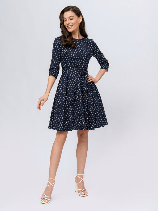 Платье темно-синего цвета длины мини с принтом и рукавами 3/4 - 1001dress фото 2