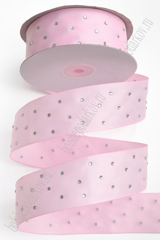 Лента репсовая со стразами 4 см*20 ярд (SF-6072) розовый №04