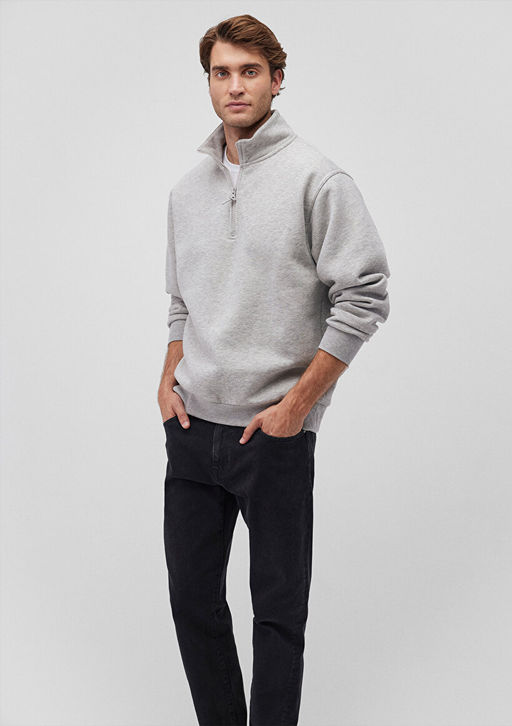 Yar? Fermuarl? Gri Basic Sweatshirt - Mavi фото 2