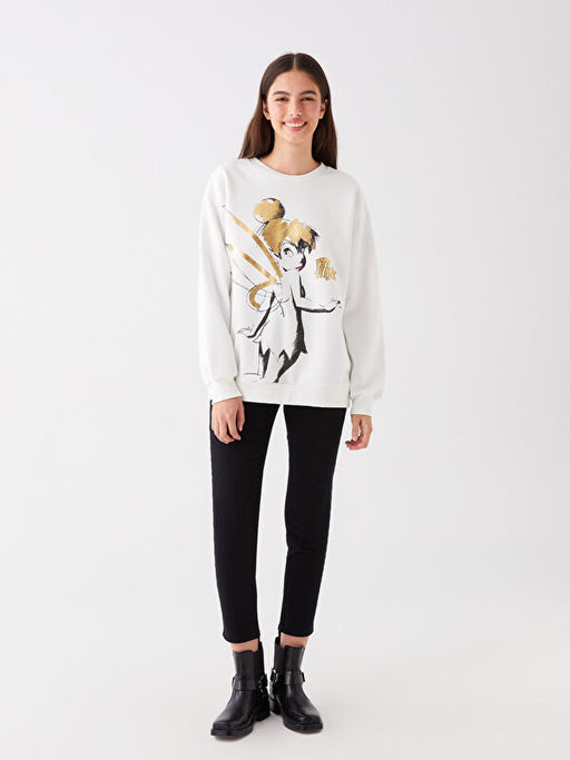 Bisiklet Yaka Tinker Bell Bask?l? Uzun Kollu Oversize Kad?n Sweatshirt