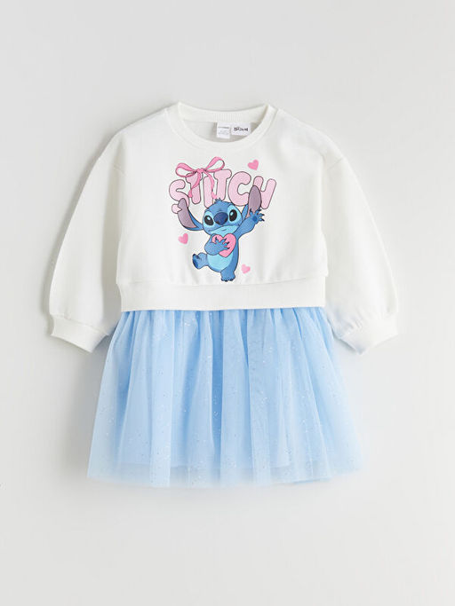 Stitch Bask?l? F?rf?rl? K?z ?ocuk Kal?n Elbise