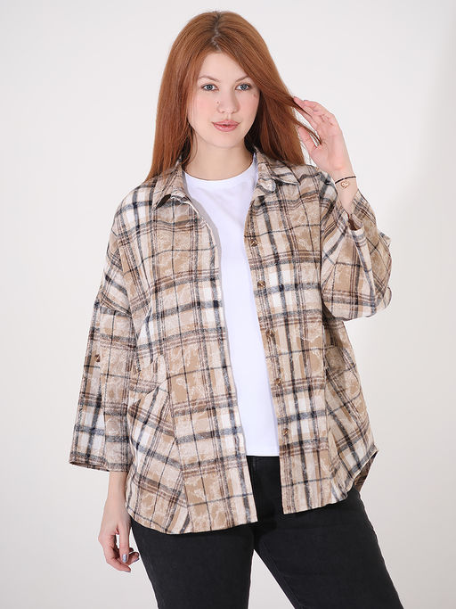Бежевая рубашка в клетку женская - Almond фото 3