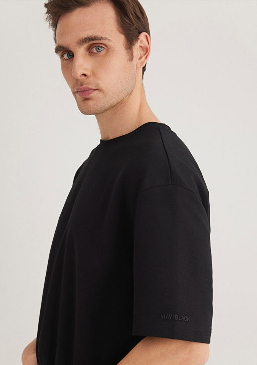 Bisiklet Yaka Siyah Basic Tisort - Mavi фото 4