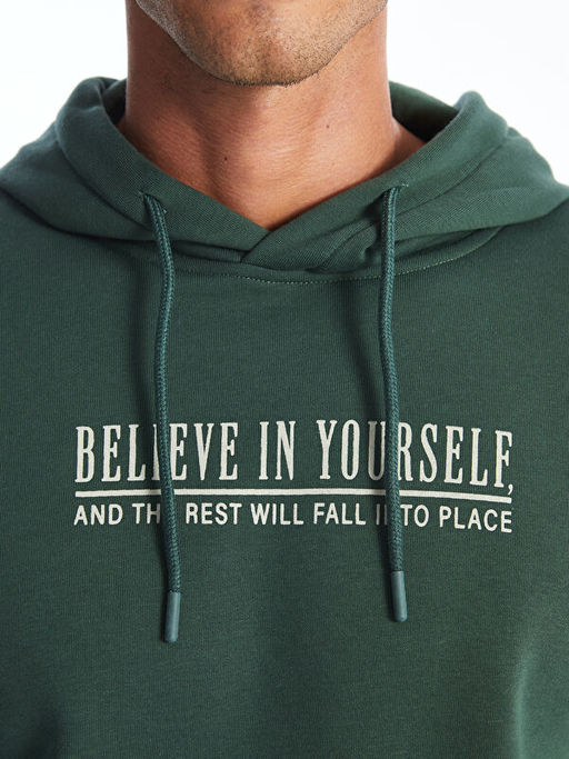 Uzun Kollu Bask?l? Erkek Kal?n Hoodie
