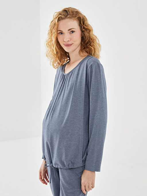Bisiklet Yaka D?z Uzun Kollu Hamile Pijama Tak?m?