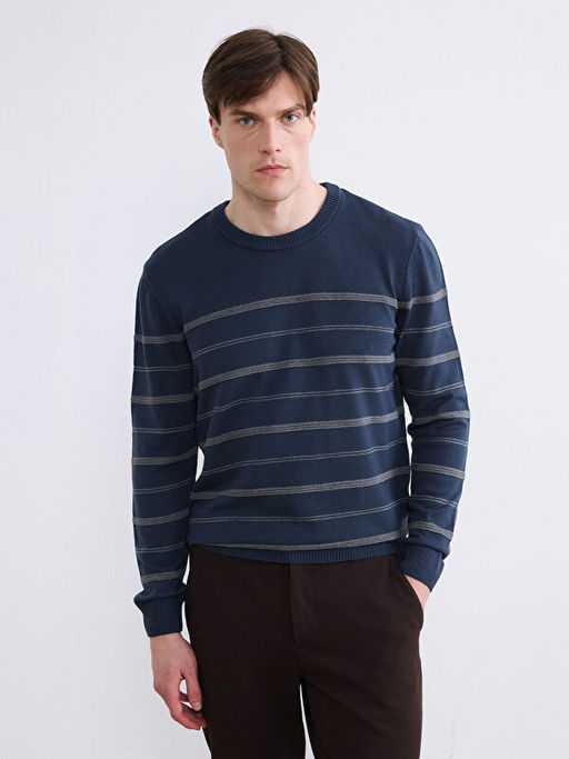 Bisiklet Yaka ?izgili Erkek Triko Kazak