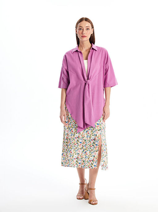 ?al Yaka D?z Oversize Keten G?r?n?ml? Kad?n Kimono