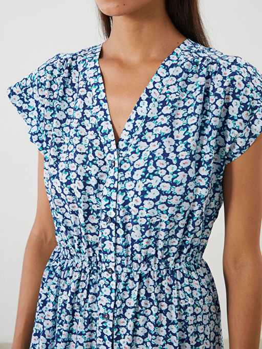 V Yaka ?i?ekli Belden Oturtmal? Elbise