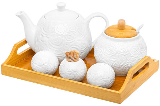 Набор-чайник+сахарница+вазочка под зубочистки+набор для спец. 2 пр. "Розы" на дер.подносе с ручк