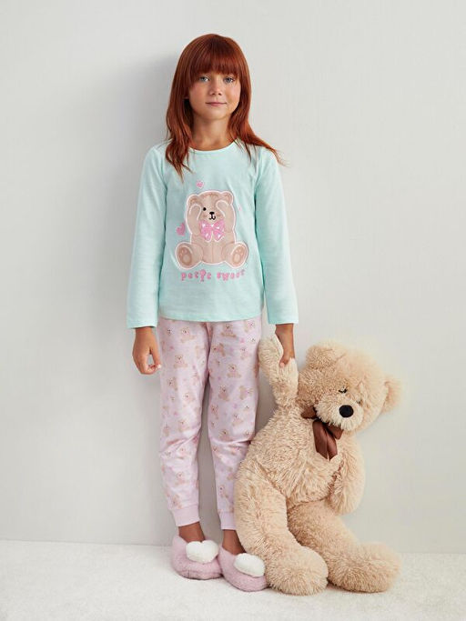 Bisiklet Yaka Bask?l? K?z ?ocuk Pijama Tak?m?