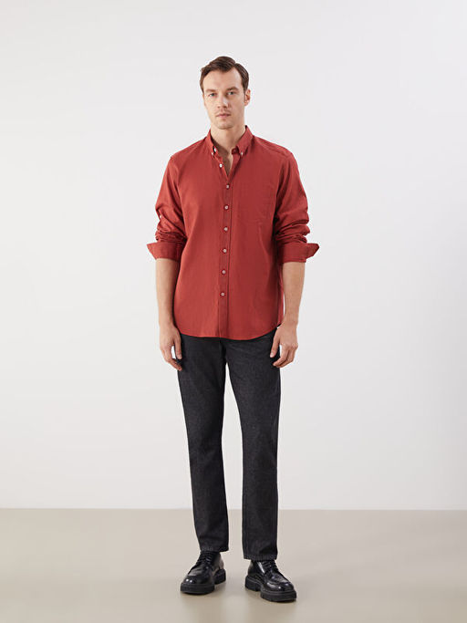 Regular Fit Uzun Kollu Keten Kar???ml? Erkek G?mlek