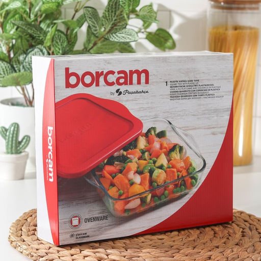 Форма для запекания Paşabahçe Borcam, 2 л, 25.6×22 см, с крышкой, квадратная, жаропрочное стекло, прозрачная