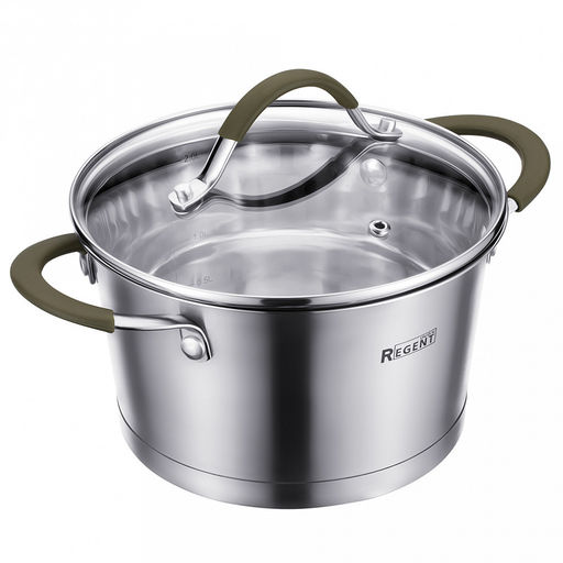 Кастрюля из нержавеющей стали Oliva 1,6л, д16см, h9,5см, s0,5мм, дно s3мм, индукционное дно д14см, стеклянная крышка, ручки из нержавеющей стали с силиконовым покрытием, конусообразная форма с матовой полировкой снаружи и зеркальной полировкой внут