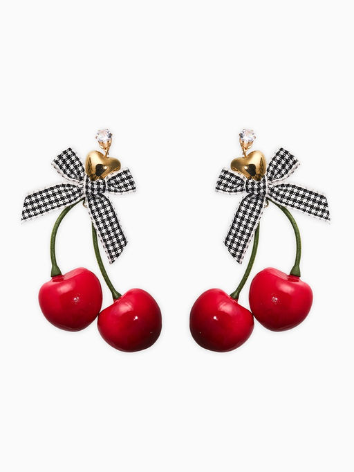 Серьги "Вишня с бантиками" текстиль, цветные в золоте