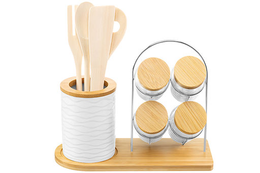 Набор 9 пр.- набор кух. принад. 4 пр. с подставкой+ банки д/хранен. 4 пр. Айсберг волны на дер.под - Elan gallery фото 6