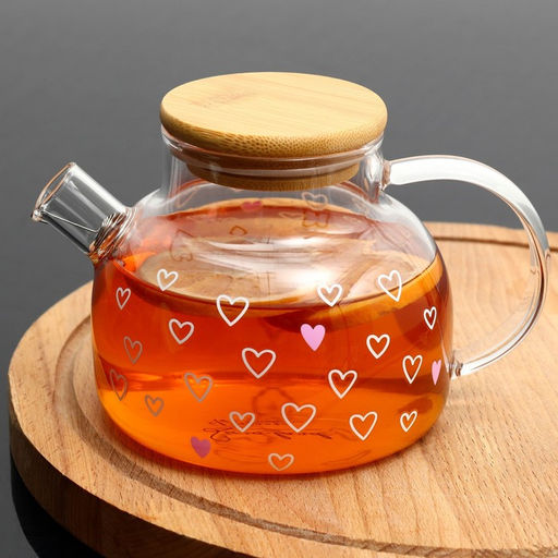 Чайник заварочный с бамбуковой крышкой Сердечки, 600 мл