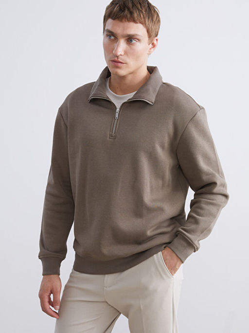 Fermuarl? Dik Yaka Erkek Kal?n Sweatshirt