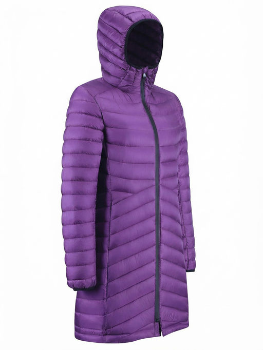 Куртка женская удлинённая стёганая с капюшоном и графеновой подкладкой фиолетового цвета 9628_1F