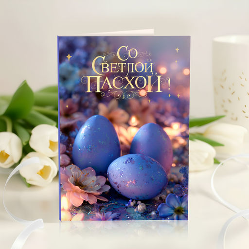 Открытка 4 шоколадки "Со Светлой Пасхой (сиреневые яйца)"